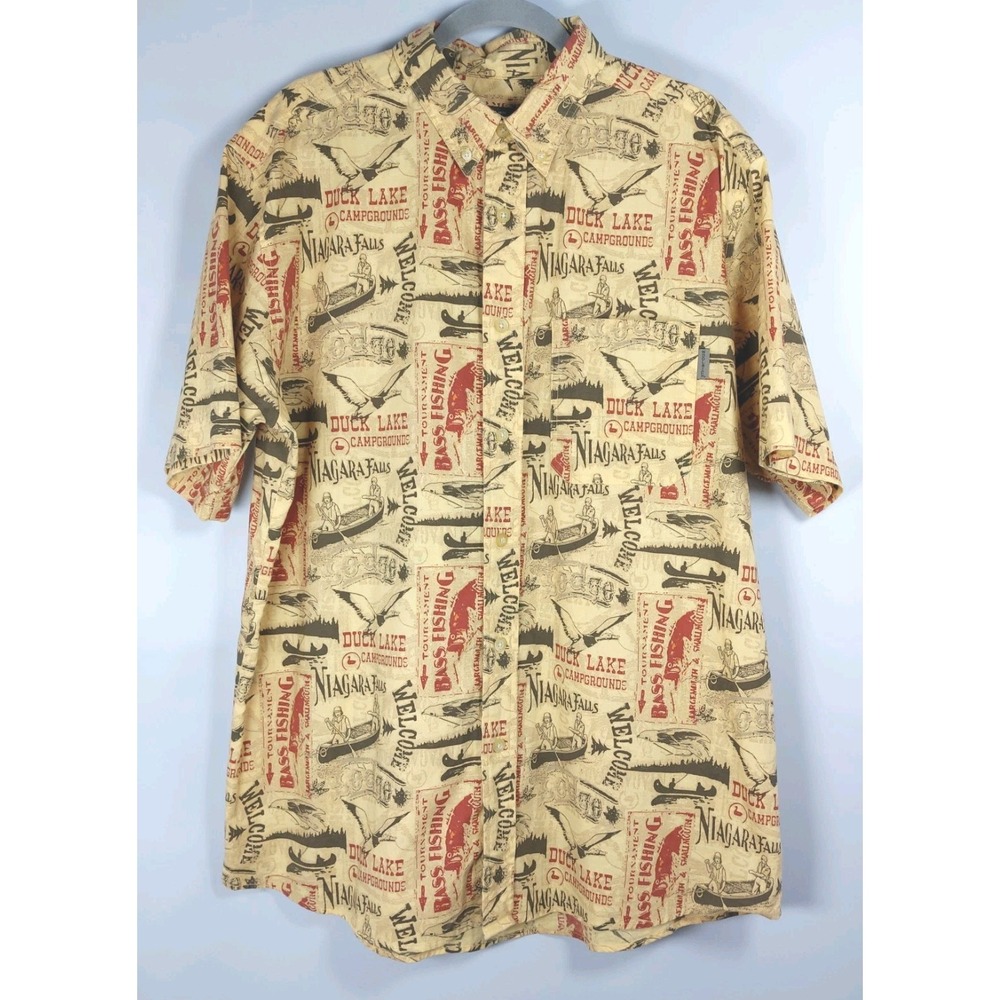 Woolrich Mens LG Tan Allover Print Short Sleeve‎ Button Up Camping Fishing Shirt